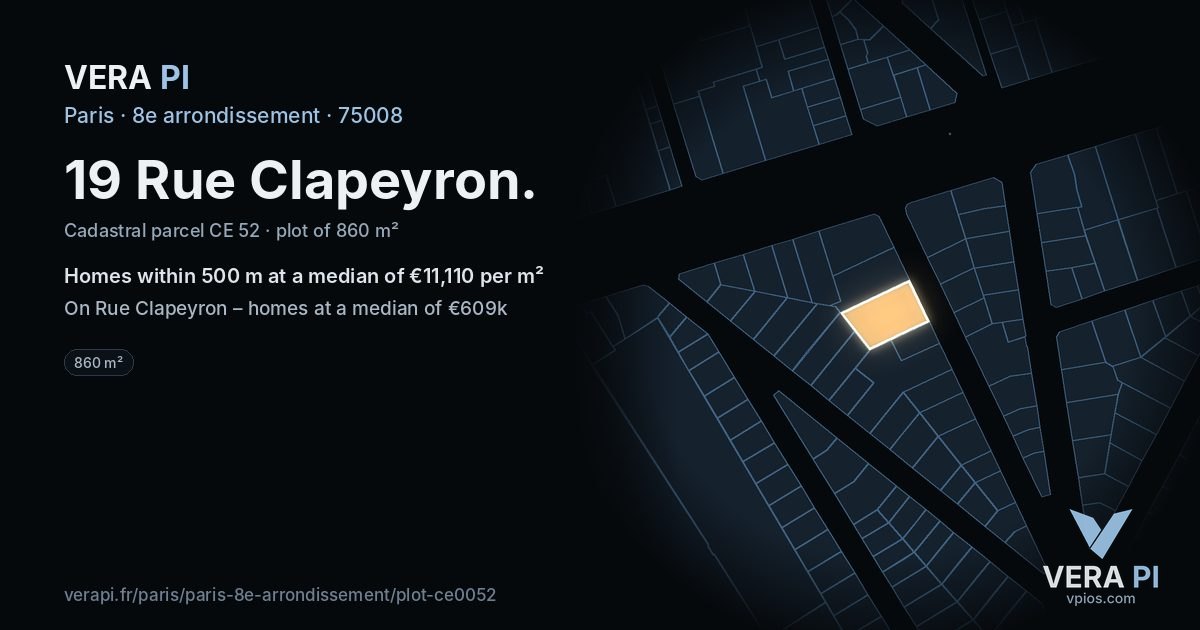 19 Rue Clapeyron, 8e arrondissement at night – the plot lit, the parcels around coloured by the prices near them