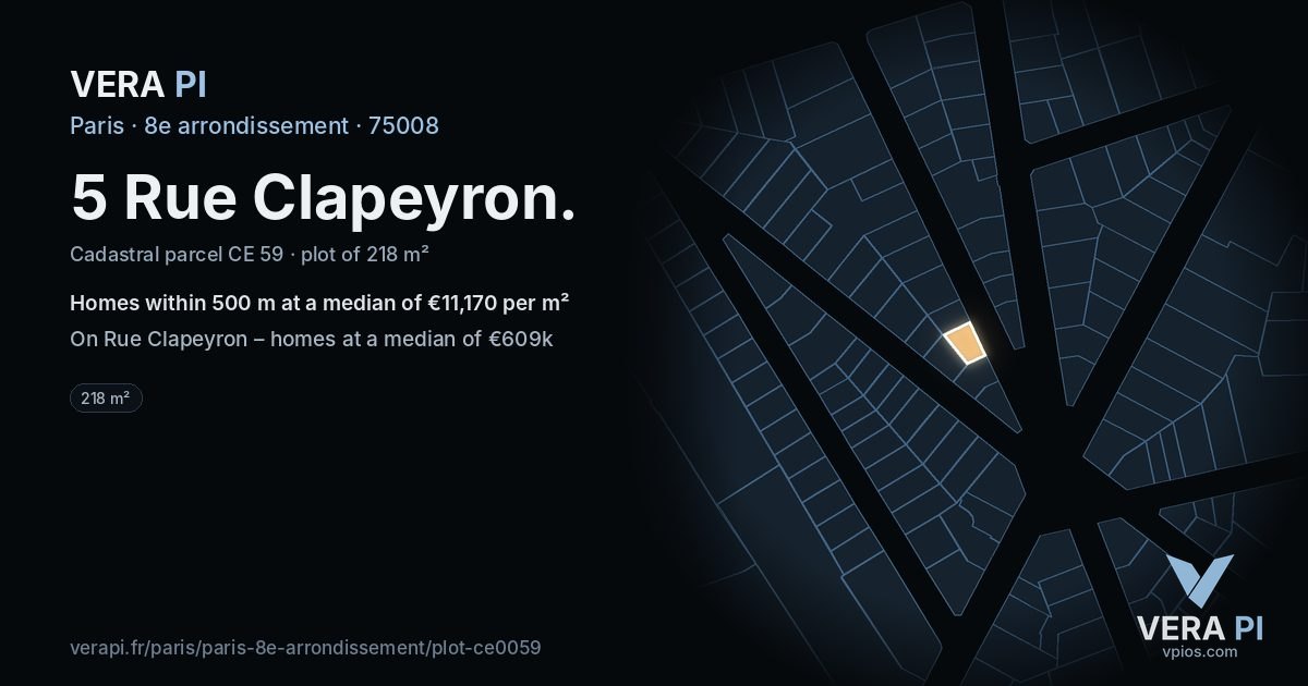 5 Rue Clapeyron, 8e arrondissement at night – the plot lit, the parcels around coloured by the prices near them