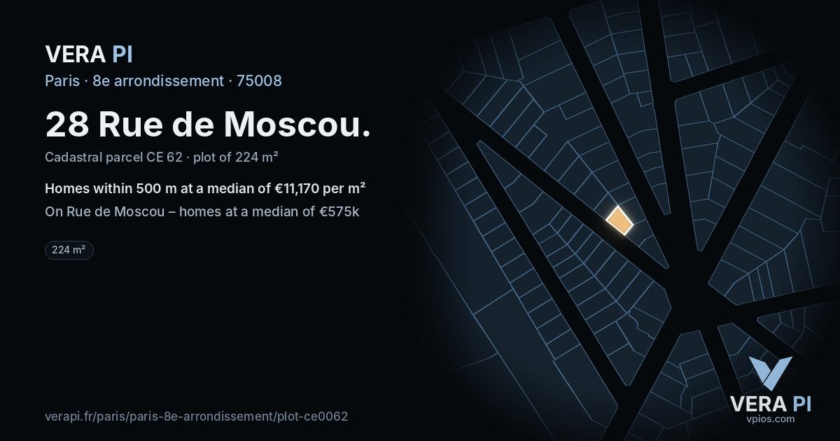 28 Rue de Moscou, 8e arrondissement at night – the plot lit, the parcels around coloured by the prices near them