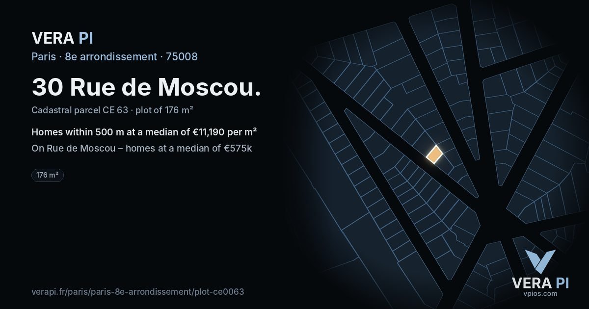 30 Rue de Moscou, 8e arrondissement at night – the plot lit, the parcels around coloured by the prices near them