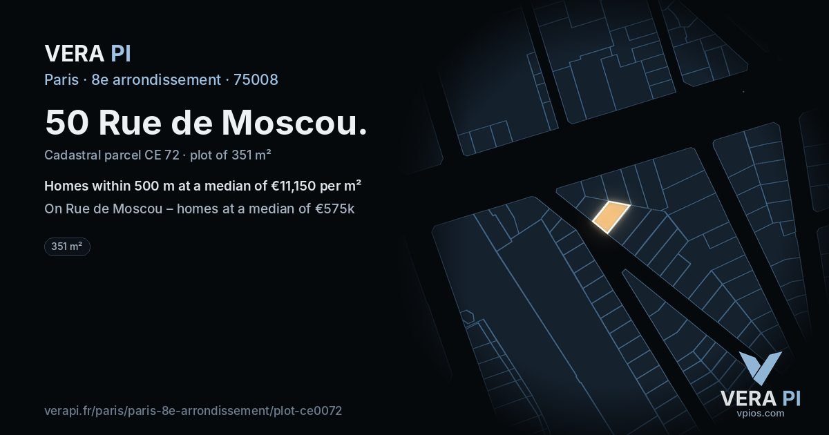 50 Rue de Moscou, 8e arrondissement at night – the plot lit, the parcels around coloured by the prices near them