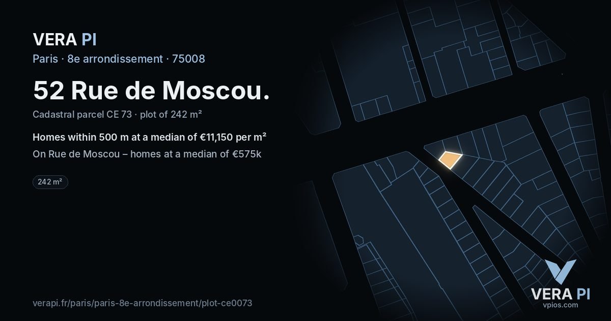 52 Rue de Moscou, 8e arrondissement at night – the plot lit, the parcels around coloured by the prices near them