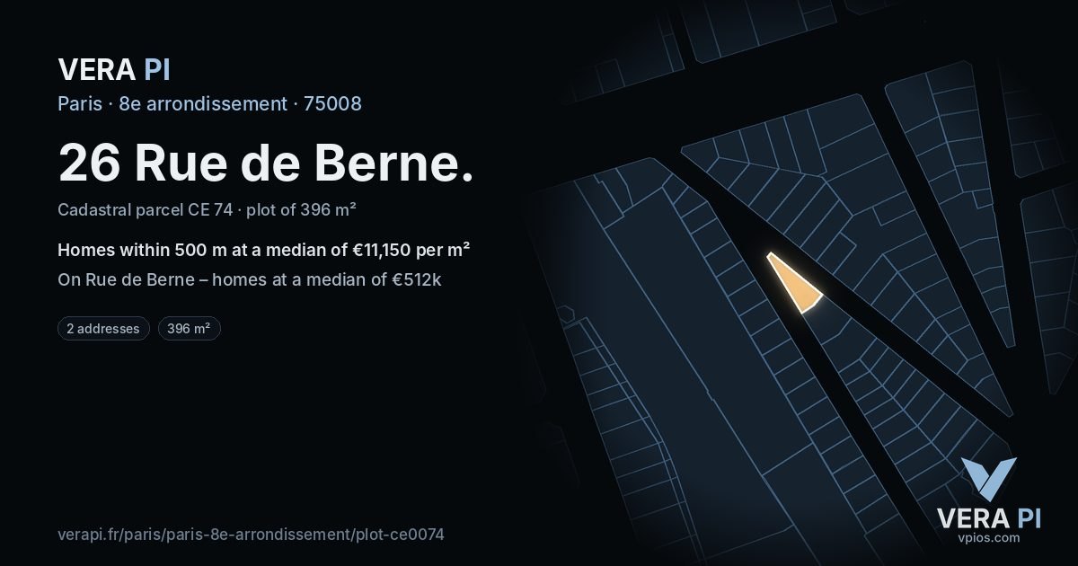 26 Rue de Berne, 8e arrondissement at night – the plot lit, the parcels around coloured by the prices near them
