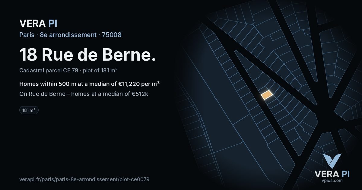 18 Rue de Berne, 8e arrondissement at night – the plot lit, the parcels around coloured by the prices near them