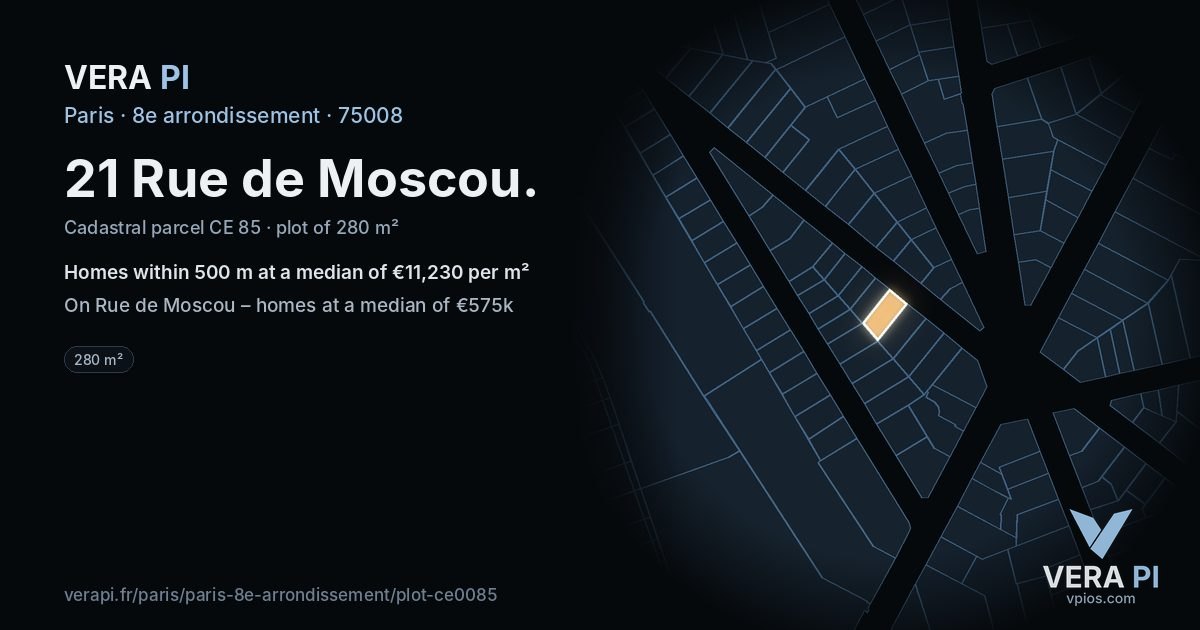 21 Rue de Moscou, 8e arrondissement at night – the plot lit, the parcels around coloured by the prices near them