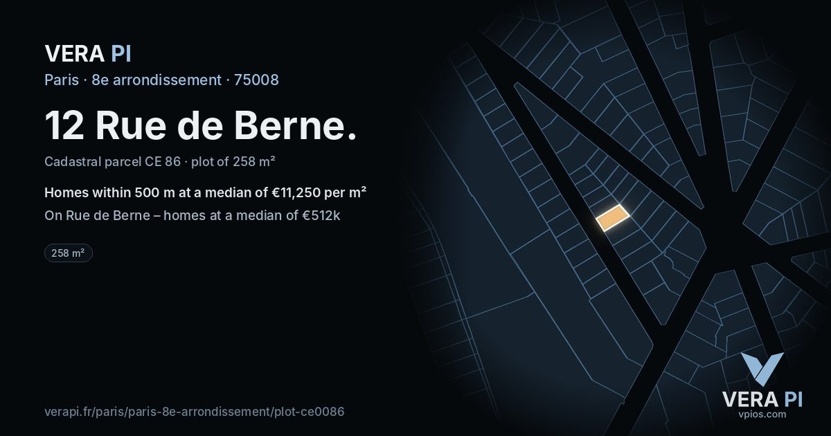 12 Rue de Berne, 8e arrondissement at night – the plot lit, the parcels around coloured by the prices near them