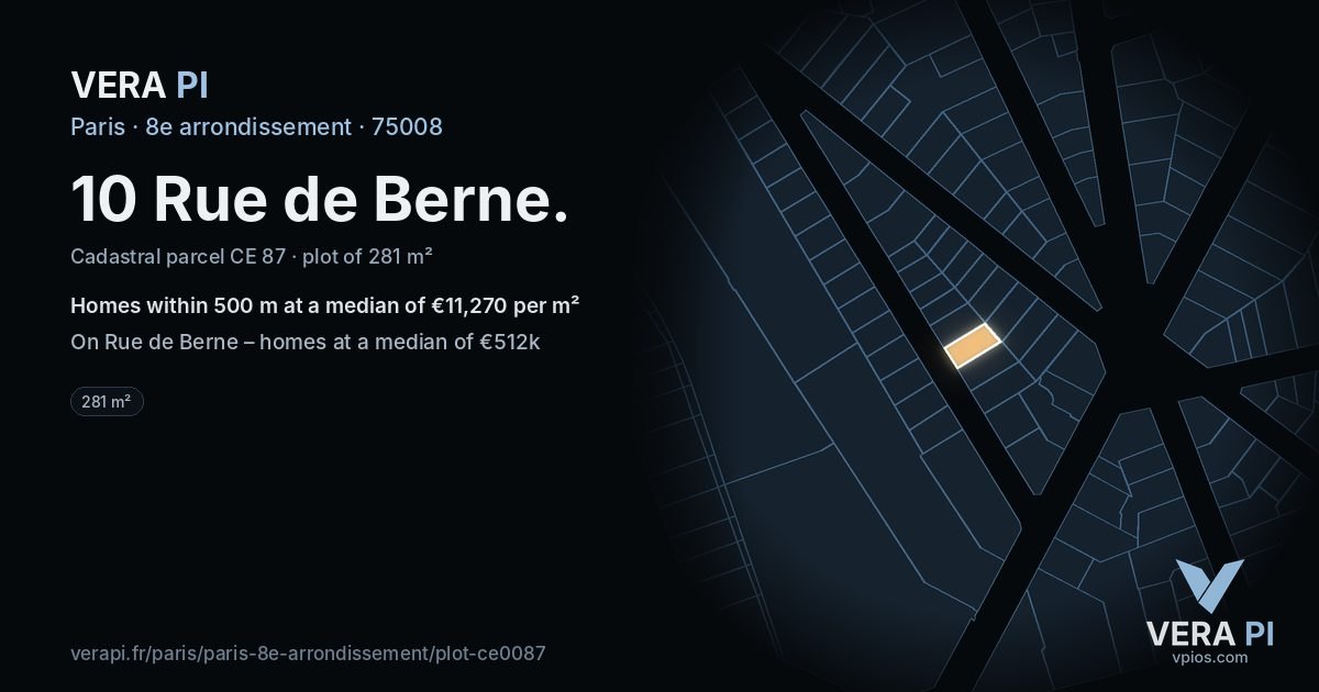 10 Rue de Berne, 8e arrondissement at night – the plot lit, the parcels around coloured by the prices near them