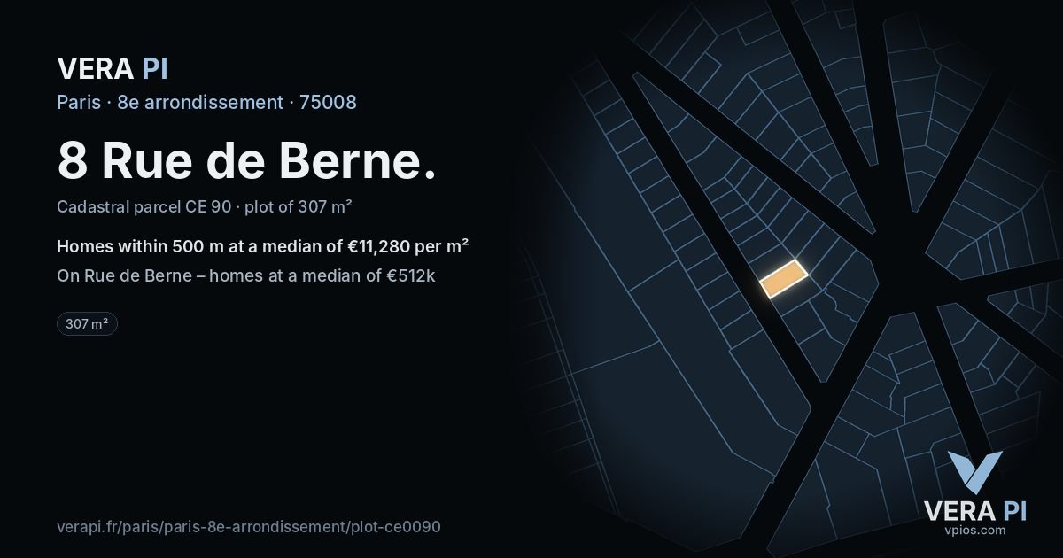 8 Rue de Berne, 8e arrondissement at night – the plot lit, the parcels around coloured by the prices near them
