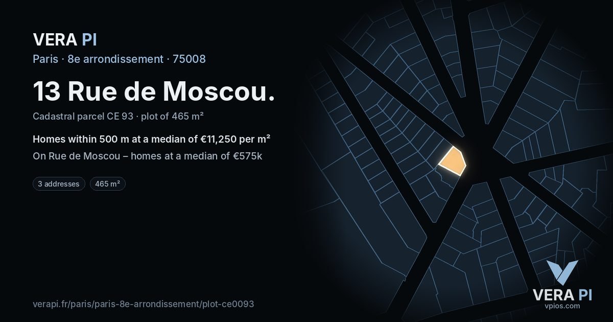 13 Rue de Moscou, 8e arrondissement at night – the plot lit, the parcels around coloured by the prices near them