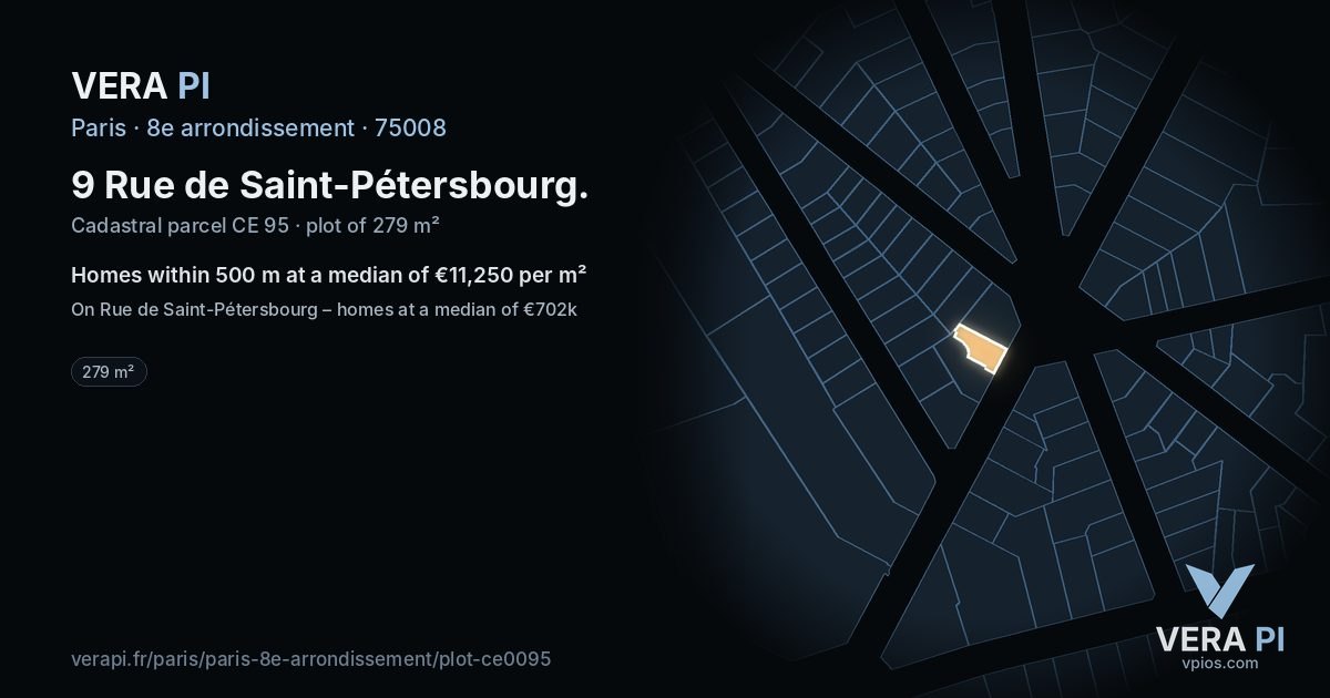 9 Rue de Saint-Pétersbourg, 8e arrondissement at night – the plot lit, the parcels around coloured by the prices near them