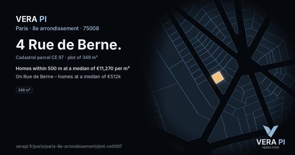 4 Rue de Berne, 8e arrondissement at night – the plot lit, the parcels around coloured by the prices near them