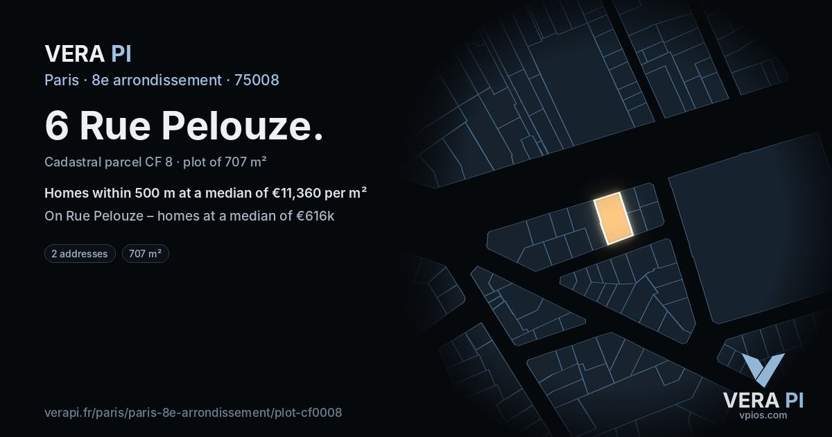 6 Rue Pelouze, 8e arrondissement at night – the plot lit, the parcels around coloured by the prices near them