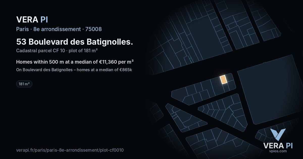 53 Boulevard des Batignolles, 8e arrondissement at night – the plot lit, the parcels around coloured by the prices near them