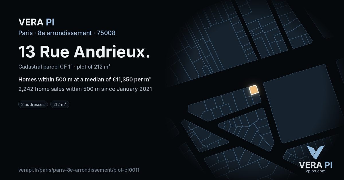 13 Rue Andrieux, 8e arrondissement at night – the plot lit, the parcels around coloured by the prices near them