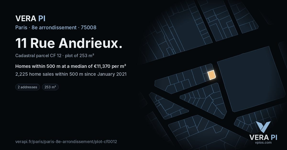 11 Rue Andrieux, 8e arrondissement at night – the plot lit, the parcels around coloured by the prices near them