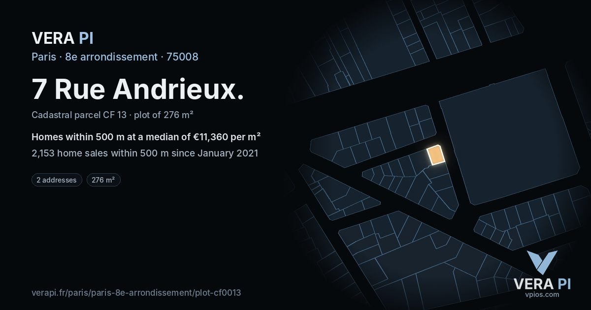 7 Rue Andrieux, 8e arrondissement at night – the plot lit, the parcels around coloured by the prices near them