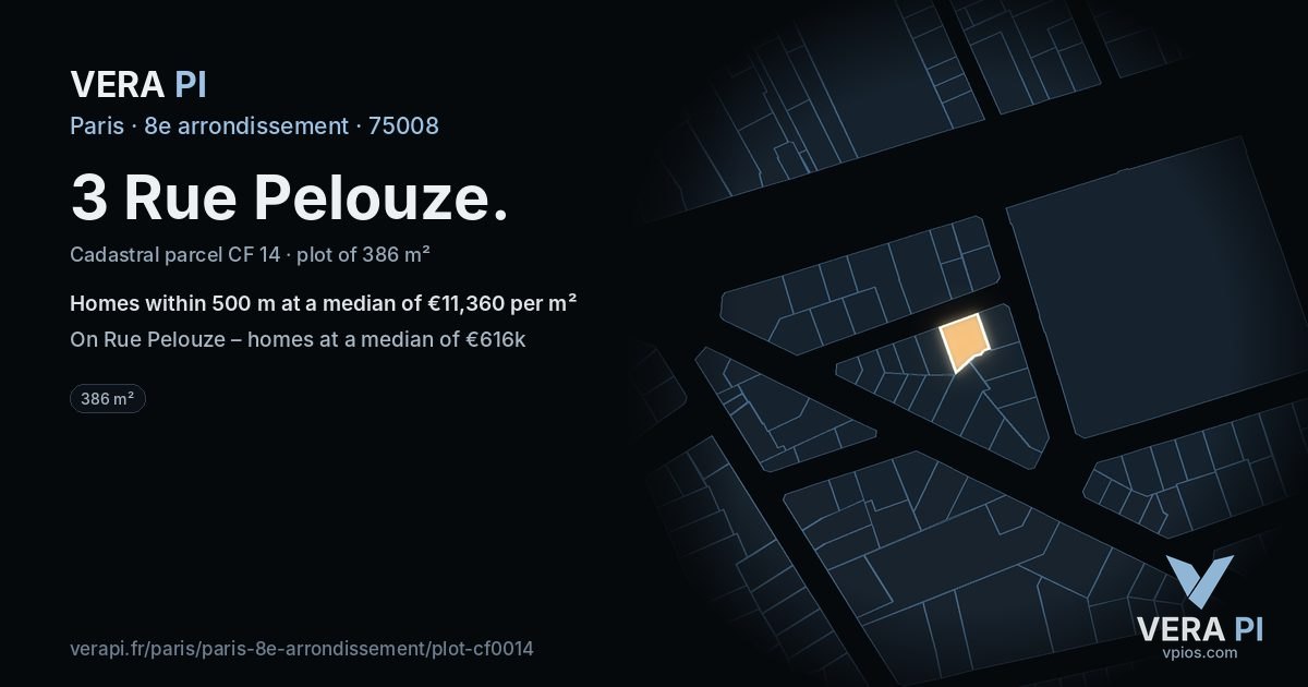 3 Rue Pelouze, 8e arrondissement at night – the plot lit, the parcels around coloured by the prices near them