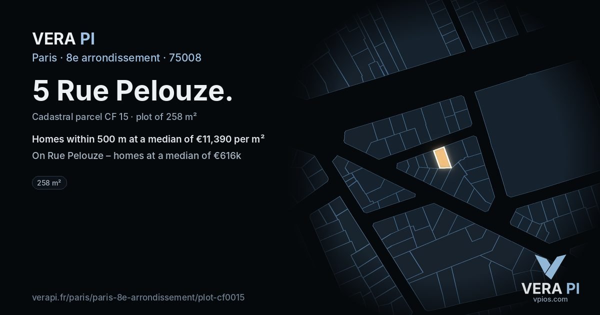 5 Rue Pelouze, 8e arrondissement at night – the plot lit, the parcels around coloured by the prices near them