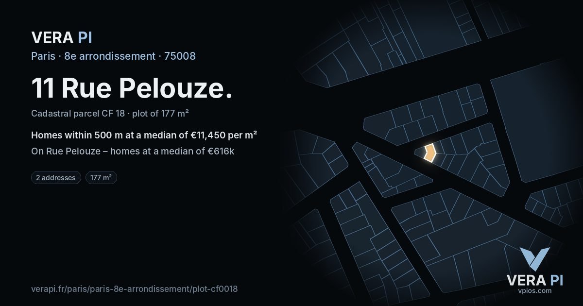 11 Rue Pelouze, 8e arrondissement at night – the plot lit, the parcels around coloured by the prices near them