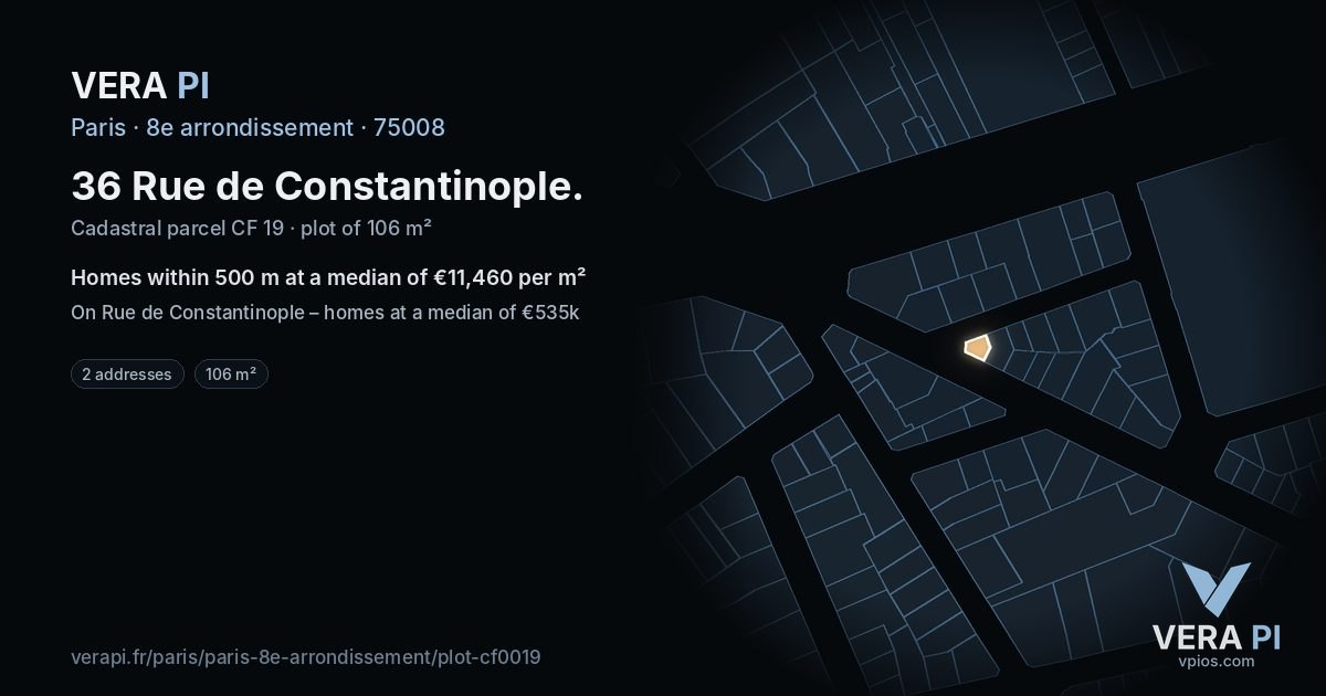36 Rue de Constantinople, 8e arrondissement at night – the plot lit, the parcels around coloured by the prices near them