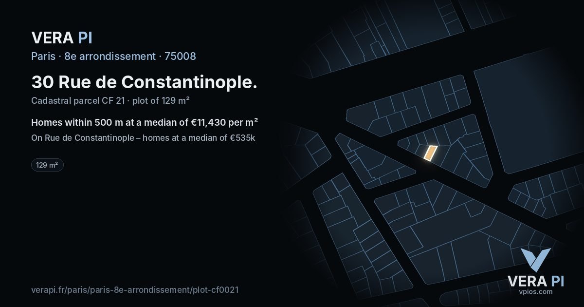 30 Rue de Constantinople, 8e arrondissement at night – the plot lit, the parcels around coloured by the prices near them