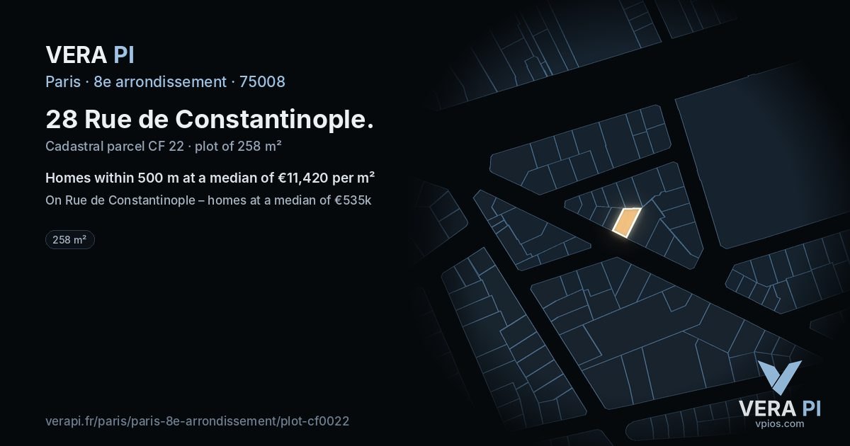 28 Rue de Constantinople, 8e arrondissement at night – the plot lit, the parcels around coloured by the prices near them