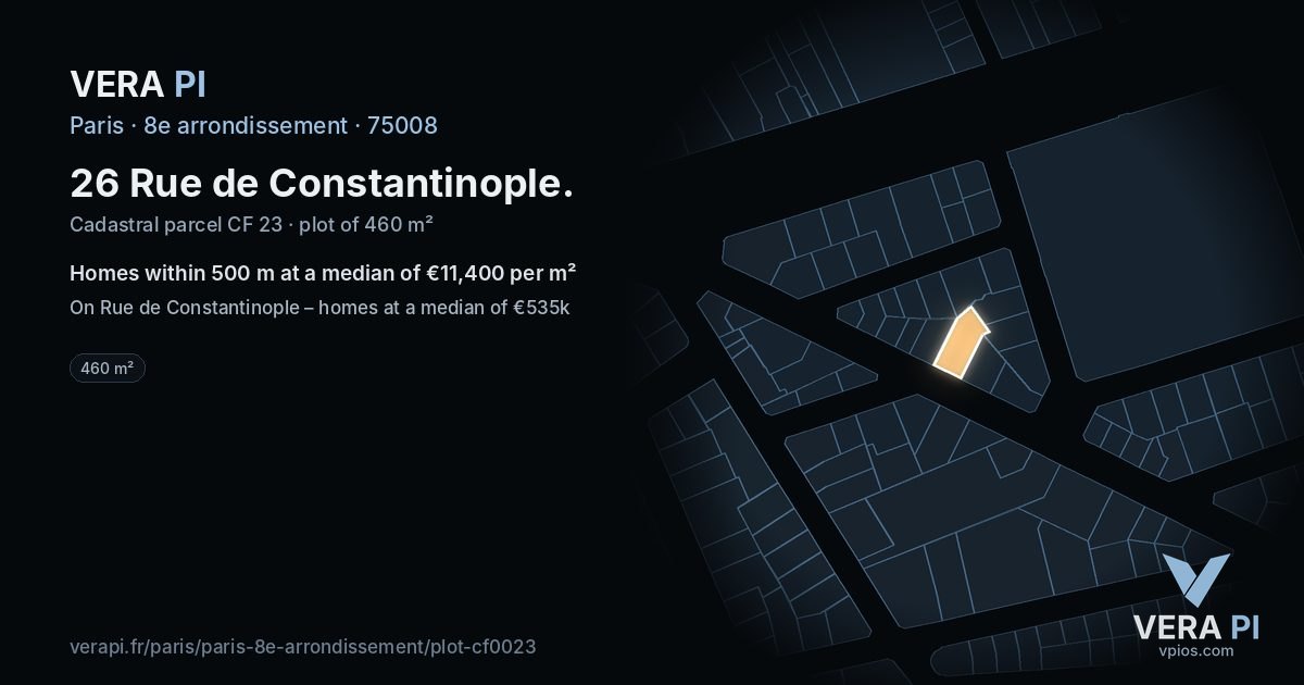 26 Rue de Constantinople, 8e arrondissement at night – the plot lit, the parcels around coloured by the prices near them