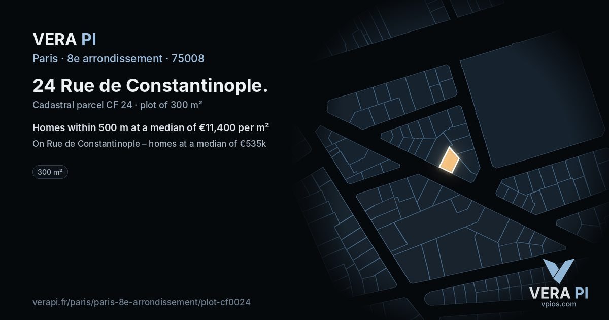 24 Rue de Constantinople, 8e arrondissement at night – the plot lit, the parcels around coloured by the prices near them