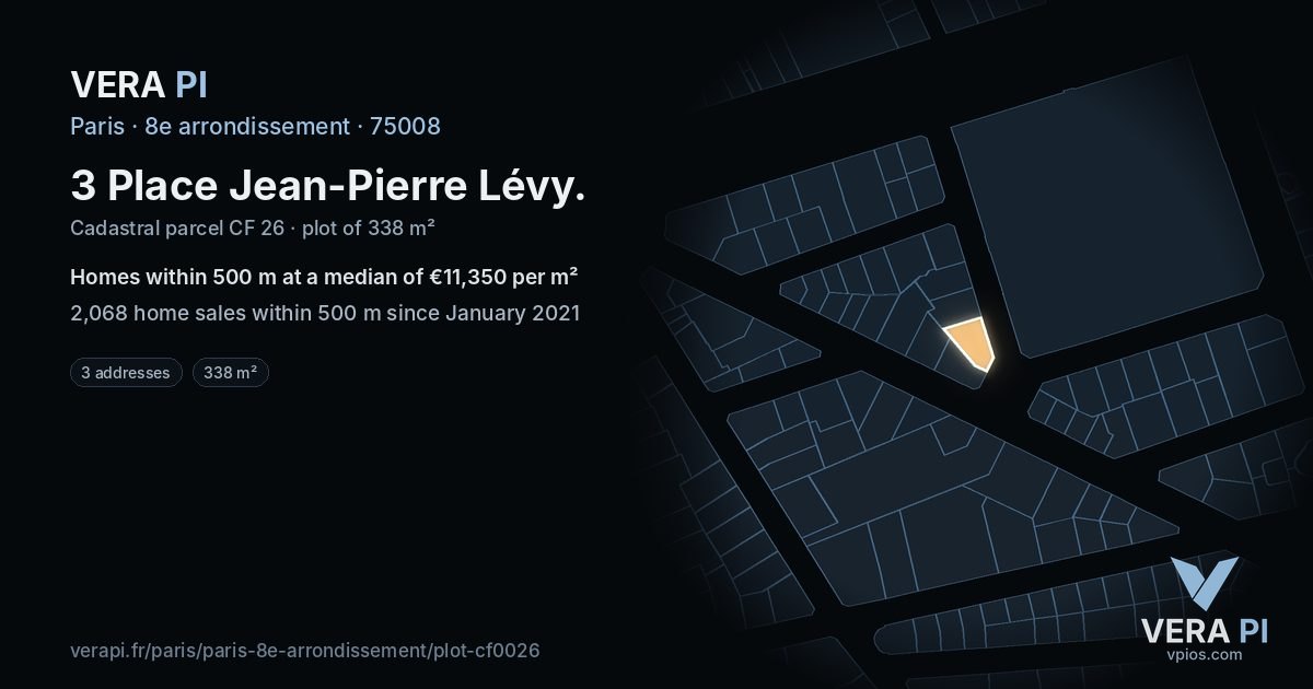 3 Place Jean-Pierre Lévy, 8e arrondissement at night – the plot lit, the parcels around coloured by the prices near them