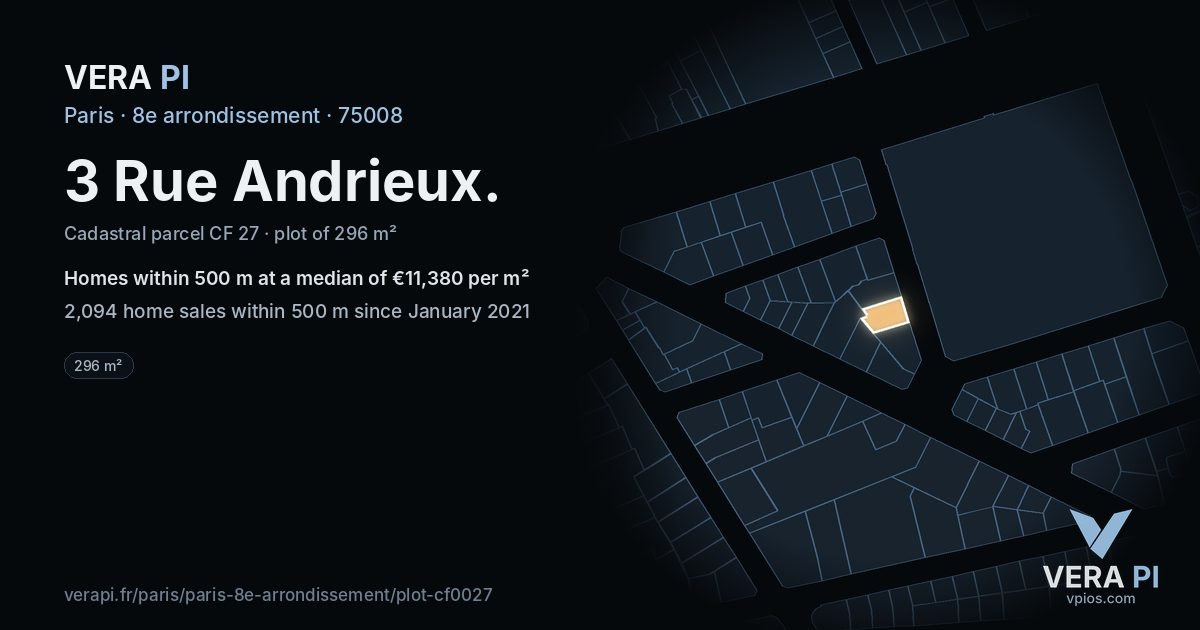 3 Rue Andrieux, 8e arrondissement at night – the plot lit, the parcels around coloured by the prices near them