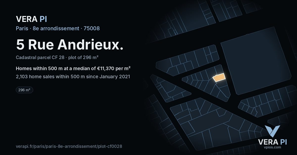5 Rue Andrieux, 8e arrondissement at night – the plot lit, the parcels around coloured by the prices near them