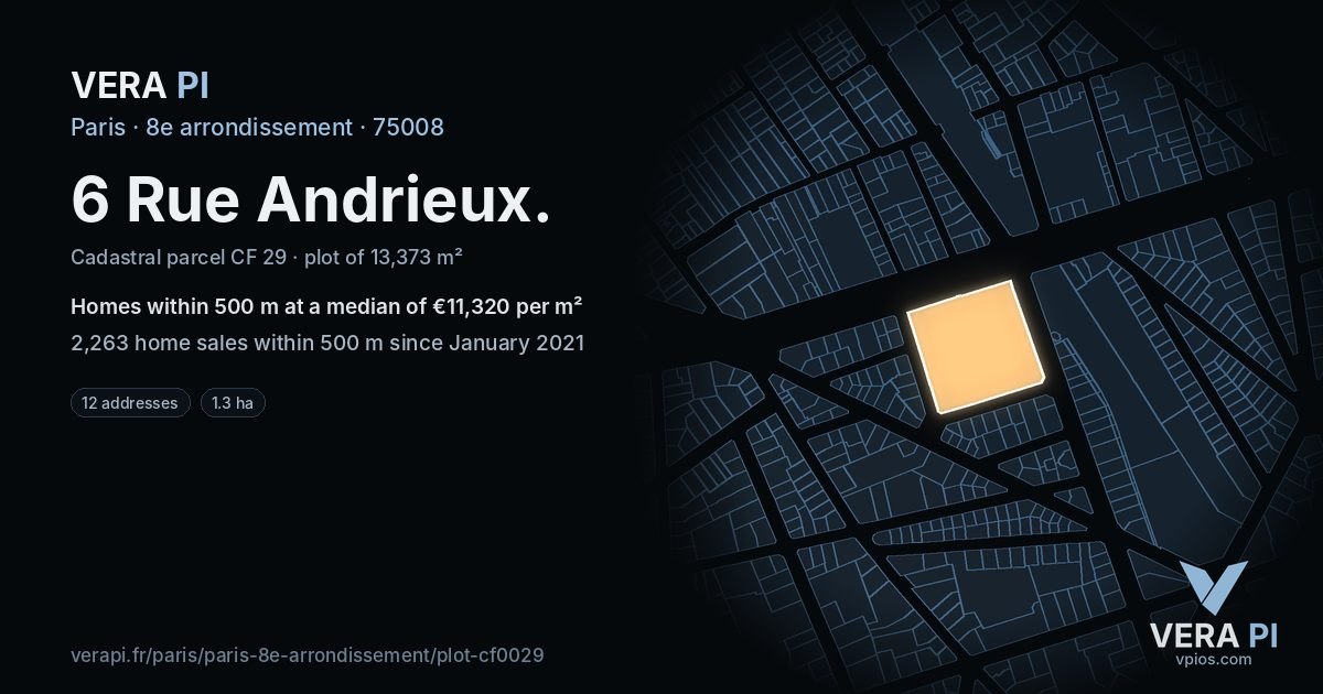 6 Rue Andrieux, 8e arrondissement at night – the plot lit, the parcels around coloured by the prices near them