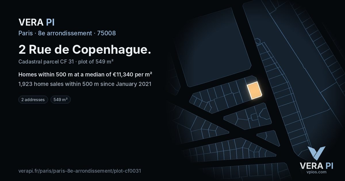 2 Rue de Copenhague, 8e arrondissement at night – the plot lit, the parcels around coloured by the prices near them