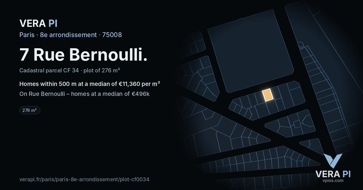7 Rue Bernoulli, 8e arrondissement at night – the plot lit, the parcels around coloured by the prices near them
