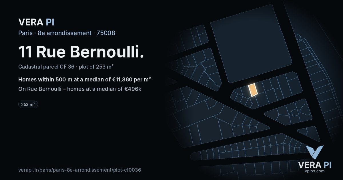 11 Rue Bernoulli, 8e arrondissement at night – the plot lit, the parcels around coloured by the prices near them