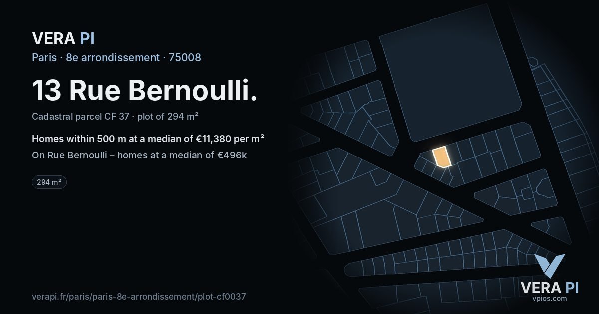 13 Rue Bernoulli, 8e arrondissement at night – the plot lit, the parcels around coloured by the prices near them