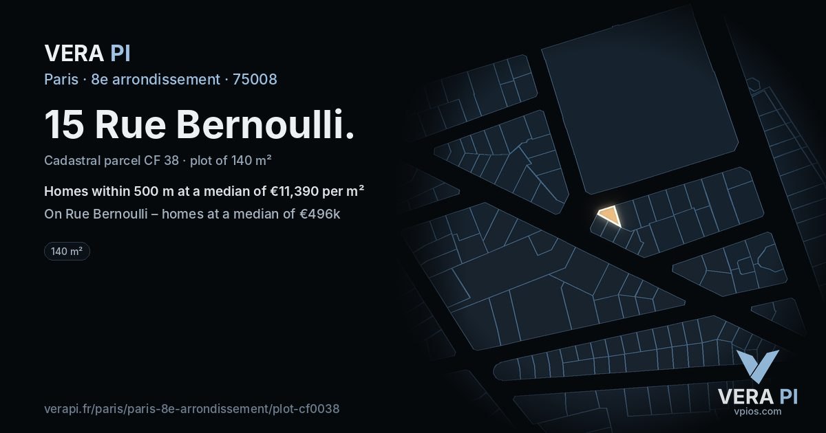 15 Rue Bernoulli, 8e arrondissement at night – the plot lit, the parcels around coloured by the prices near them