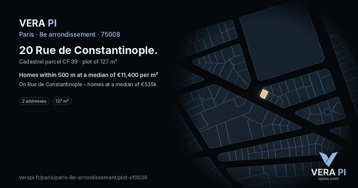 20 Rue de Constantinople, 8e arrondissement at night – the plot lit, the parcels around coloured by the prices near them