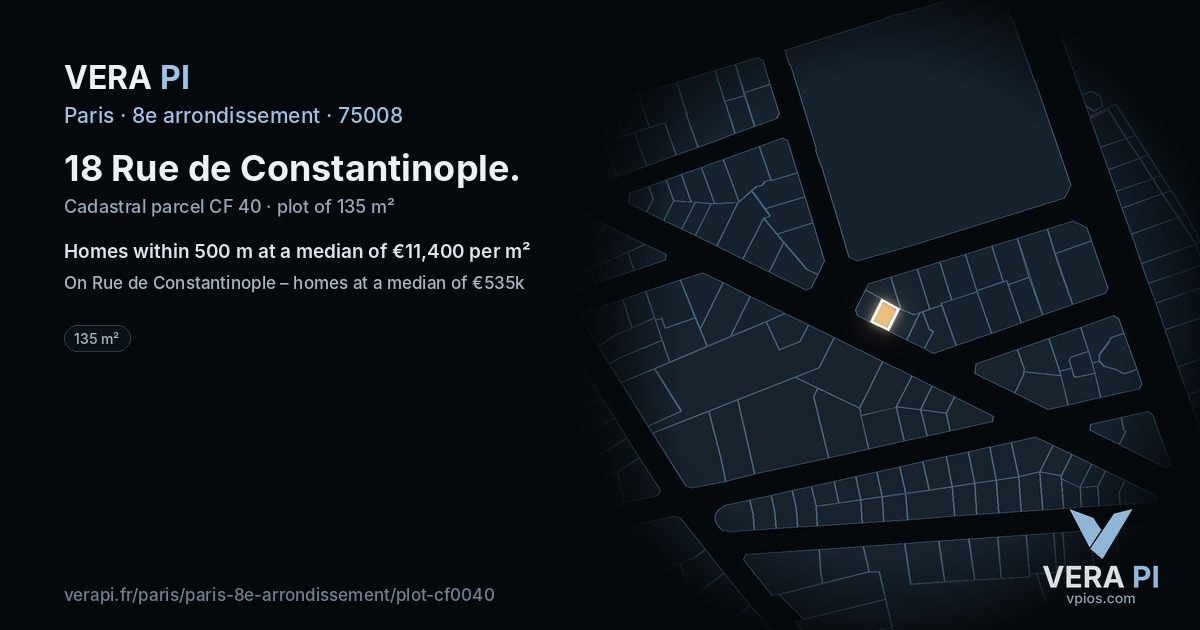 18 Rue de Constantinople, 8e arrondissement at night – the plot lit, the parcels around coloured by the prices near them
