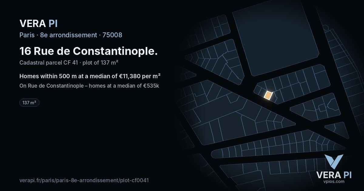 16 Rue de Constantinople, 8e arrondissement at night – the plot lit, the parcels around coloured by the prices near them