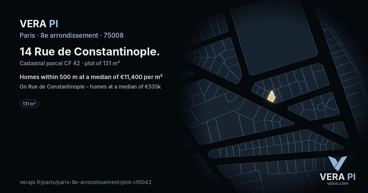14 Rue de Constantinople, 8e arrondissement at night – the plot lit, the parcels around coloured by the prices near them
