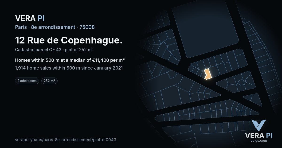 12 Rue de Copenhague, 8e arrondissement at night – the plot lit, the parcels around coloured by the prices near them
