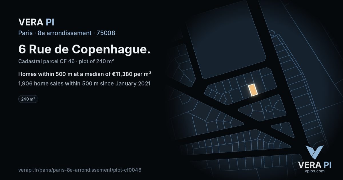 6 Rue de Copenhague, 8e arrondissement at night – the plot lit, the parcels around coloured by the prices near them