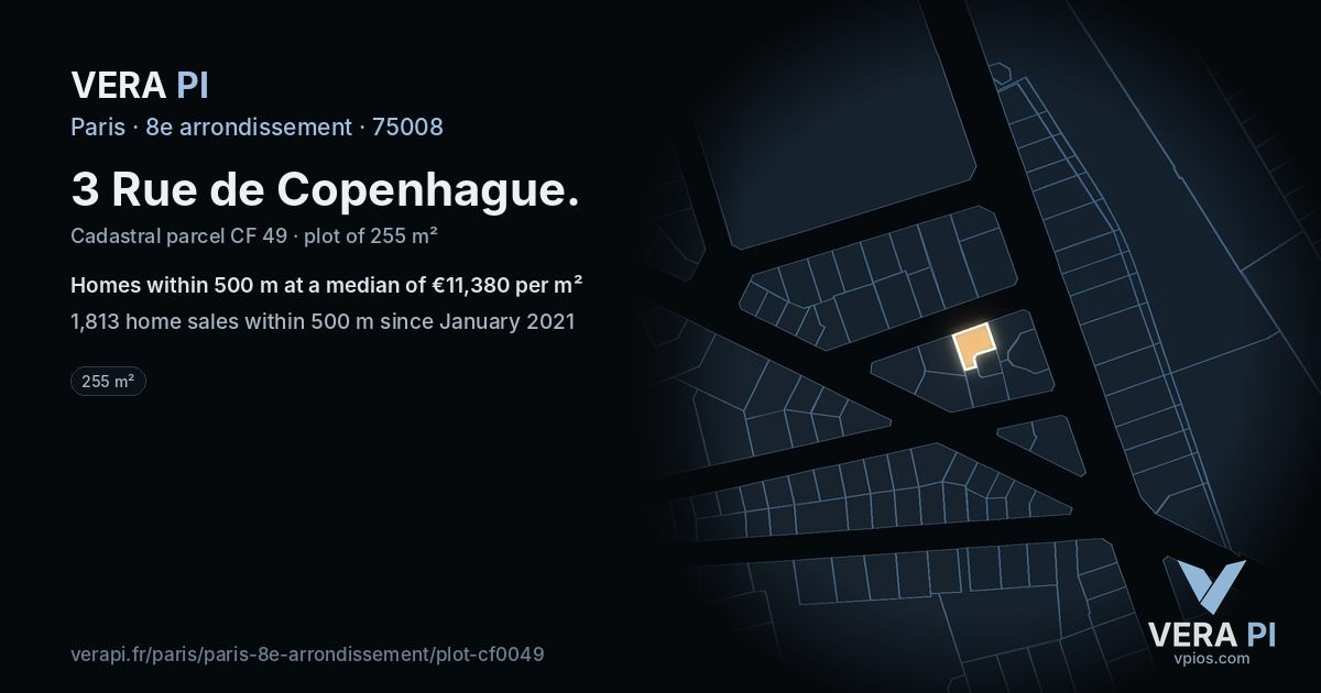 3 Rue de Copenhague, 8e arrondissement at night – the plot lit, the parcels around coloured by the prices near them