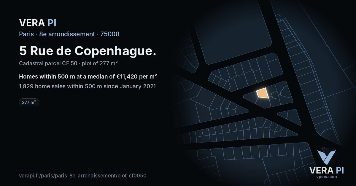 5 Rue de Copenhague, 8e arrondissement at night – the plot lit, the parcels around coloured by the prices near them