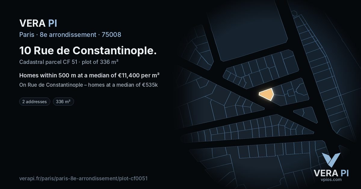 10 Rue de Constantinople, 8e arrondissement at night – the plot lit, the parcels around coloured by the prices near them