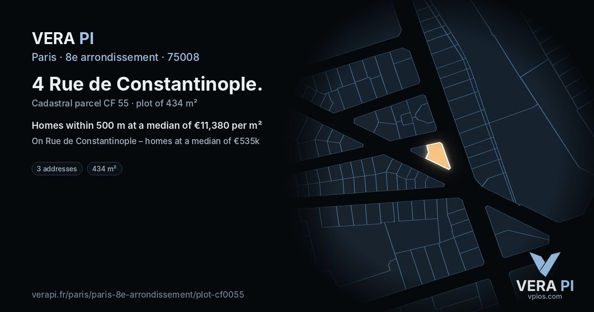 4 Rue de Constantinople, 8e arrondissement at night – the plot lit, the parcels around coloured by the prices near them