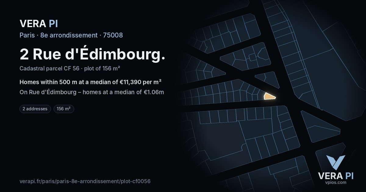 2 Rue d'Édimbourg, 8e arrondissement at night – the plot lit, the parcels around coloured by the prices near them
