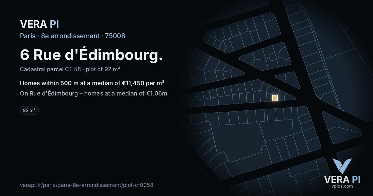 6 Rue d'Édimbourg, 8e arrondissement at night – the plot lit, the parcels around coloured by the prices near them