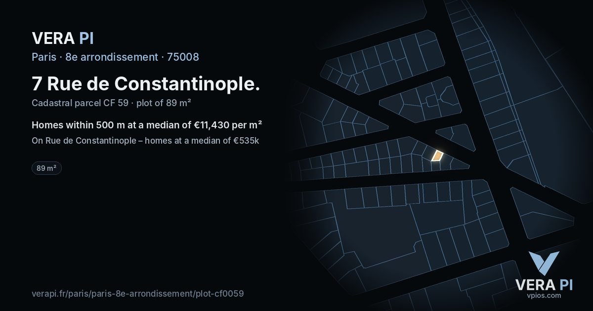 7 Rue de Constantinople, 8e arrondissement at night – the plot lit, the parcels around coloured by the prices near them